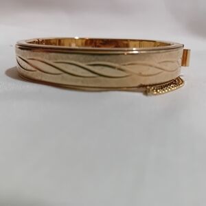 Vintage Gold-Tone Carved Bracelet With Safety Chain